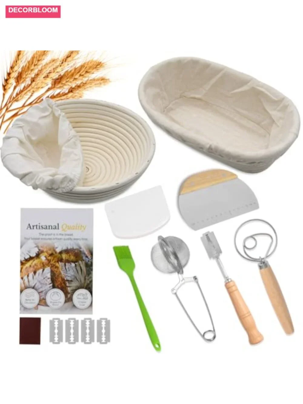 Bread Proofing Basket Set, 2 Banneton with Liners, Bread Lame, Whisk, Scrapers